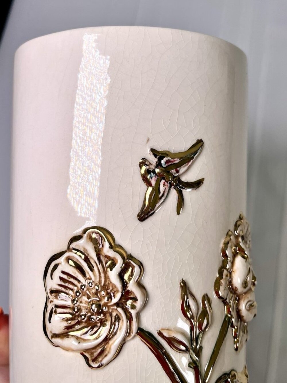 Vintage 50s Art Pottery Vase MCM Handpainted Flowers Ceramic Boho Mid Century - Picture 8 of 12